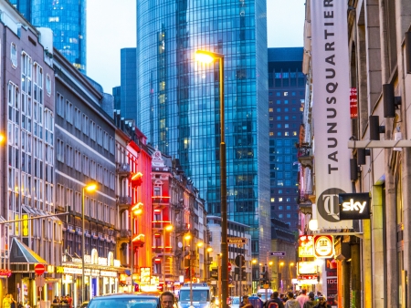 FRANKFURT, GERMANY - AUGUST 24: street life in the Muenchner strasse  on August 24, 2012 in Frankfurt, Germany. This street was build in 1888 due to the construction of the nearby central station and the replanning of the area.のeditorial素材