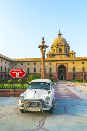 DELHI, INDIA - OCTOBER 16: Official Hindustan Ambassador cars parked outside North Block, Secretariat Building, on October 16, 2012 in Delhi, India. The production started in 1958 on base of the Morris Oxford model.のeditorial素材