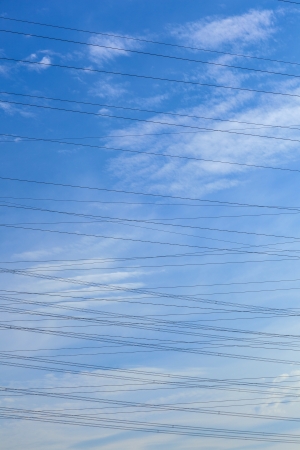 tower for electricity in rural landscape under blue skyの写真素材