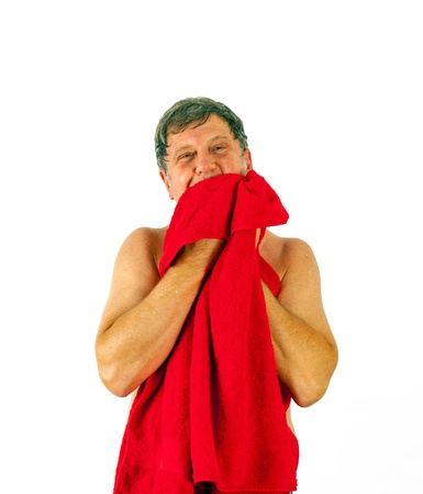 Man toweling hair after showerの写真素材