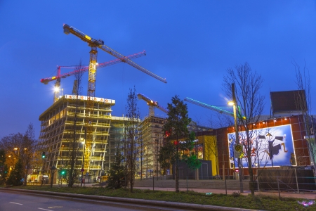 HAMBURG, GERMANY - JANUARY 20: at the construction site at the Reeperbahn in Hamburg they work 24 hours daily to finalize the new skyscraper on Jan 20, 2011 in Hamburg, Germany.のeditorial素材