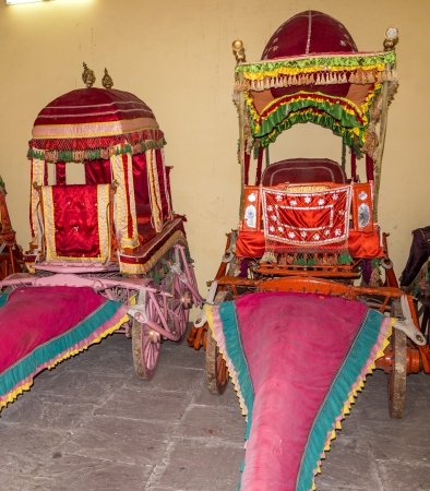 JAIPUR, INDIA - OCT 19: collection of coaches in the City Palace on Oct 19,2012 in  Jaipur, India. It was the seat of the Maharaja of Jaipur, the head of the Kachwaha Rajput clan. The coaches were used by the maharajah.のeditorial素材