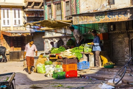 BIKANER, INDIA - OCTOBER 23: People at the vegetable market on October 23, 2012 in Bikaner, India. They sell fresh vegetables from the farms in Rajasthan as well as imported fruits.のeditorial素材