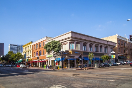 SAN DIEGO, USA - JUNE 11: facade of historic houses in the gaslamp quarter on June 11, 2012 in San Diego, USA. The area is a historic district on the National Register of Historic Places and dates back to 1867.のeditorial素材