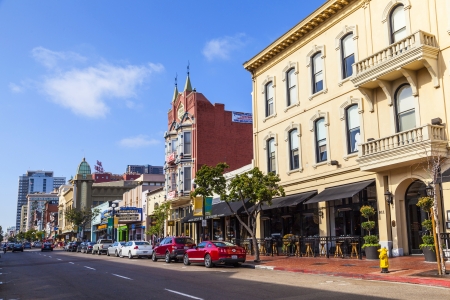 SAN DIEGO, USA - JUNE 11: facade of historic houses in the gaslamp quarter on June 11, 2012 in San Diego, USA. The area is a historic district on the National Register of Historic Places and dates back to 1867.のeditorial素材