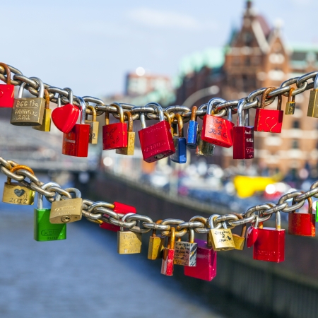 HAMBURG, GERMANY - APRIL 18: lockers at the Speicherstadt bridge symbolize love for ever on April 18,2013 in Hamburg, Germany. More than 1000 lockers of loving couples are on that heavily used pedestrian bridge.のeditorial素材