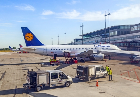 HAMBURG, GERMANY - JUNE 20: Aircraft at the gate in Terminal 2 on June 20,2013 in Hamburg, Germany....