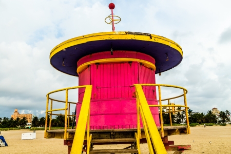 wooden bay watch huts in Art deco style at the beachの写真素材