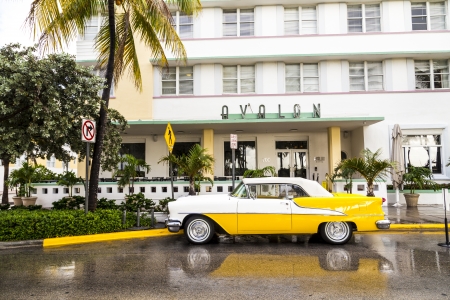 MIAMI BEACH, FL - JULY 31: classic Oldsmobile with chrome radiator grill parked in front of the...