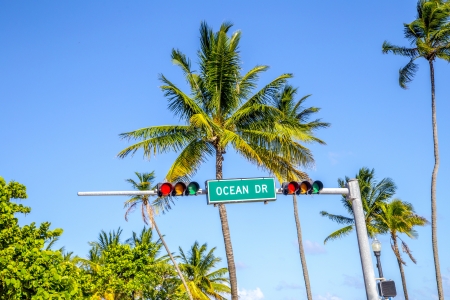 street sign of famous street Ocean Drice in Miami South with traffic lightの写真素材