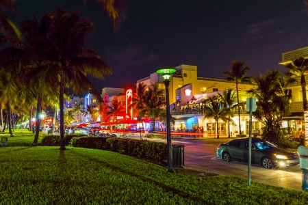 MIAMI BEACH - July 28  Night view at Ocean drive on July 28, 2013 in Miami Beach, Florida  Art Deco Night-Life in South Beach at Ocean Drive is one of the main tourist attractions in Miami のeditorial素材