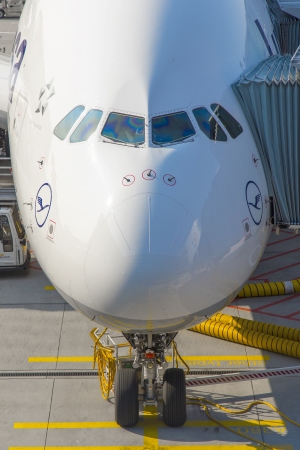 FRANKFURT, GERMANY - July 7:   LH440 to Houston is ready for boarding on July 7,2013 in Frankfurt, Germany. On this route operates the Lufthansa Flagship A380.のeditorial素材