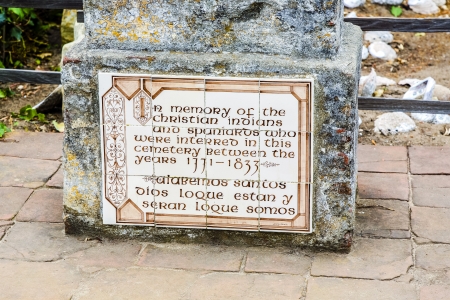 CARMEL, USA - JULY 27: cemetery of Carmel Mission  with graves of indians  on July 27, 2008 in Carmel, USA. The Carmel Mission, founded in 1771, was headquarters for Alta Californiaâs missions, and was
also home to Father Junipero Serra, the founding prのeditorial素材