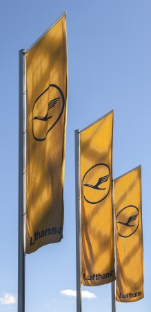 FRANKFURT, GERMANY - SEP 14: Lufthansa flag with Lufthansa symbol, the crane on September 14, 2011 in Frankfurt, Germany. The aktual Lufthansa Logo is a design from 1964.のeditorial素材
