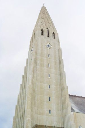 REYKJAVIK, ICELAND - JULY 06: Night view of illuminated building of Hallgrimskirkja church Reykjavik which is a Lutheran parish church and the largest in Iceland on July 06, 2013 in Reykjavik, Icelandのeditorial素材