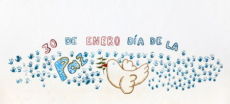 YAIZA, SPAIN - APRIL 2: murals at a white wall on April 2, 2012 in Yaiza, Spain. These murals were painted by  school children under supervision of the school.のeditorial素材