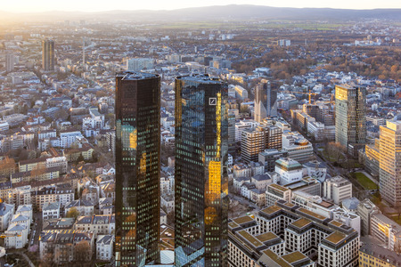 FRANKFURT, GERMANY - MARCH 25: Skyline with the 155 meter high twin towers Deutsche Bank I and II on March 25, 2012 in Frankfurt.のeditorial素材