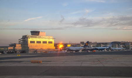 FRANKFURT, GERMANY - SEP 3: Lufthansa Flight ready to head to runway on September 3,2012 in Frankfurt, Germany. Lufthansa is the flag carrier of Germany and the largest airline in Europe.のeditorial素材