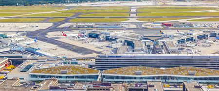 Frankfurt, Germany - SEP 20: aerial view of Airport Frankfurt with terminal 1 on September 20, 2012 in Frankfurt, Germany. Terminal 1 houses Lufthansa and other Star Alliance partners.のeditorial素材