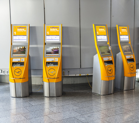 FRANKFURT, GERMANY - SEP 20: self check-in machines at Frankfurt International Airport on September 20, 2012 in Frankfurt, Germany. Frankfurt was the world's 11th busiest airport in 2012 with 57.5m pax.のeditorial素材