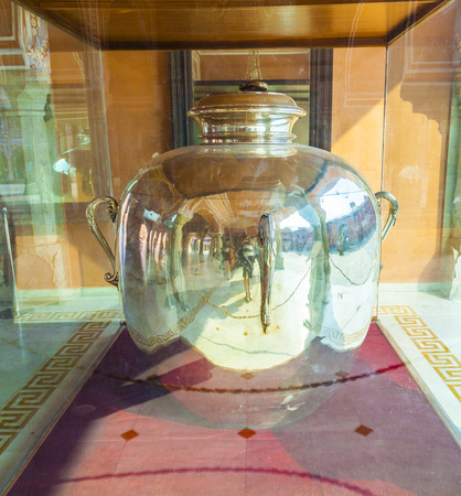 JAIPUR, INDIA - OCT 19: huge ancient water bottle at City Palace on October 19, 2012 in  Jaipur, India. Chandra Mahal palace was the seat of the Maharaja, the head of the Kachwaha Rajput clan. The Chandra Mahal palace now houses a museum.のeditorial素材