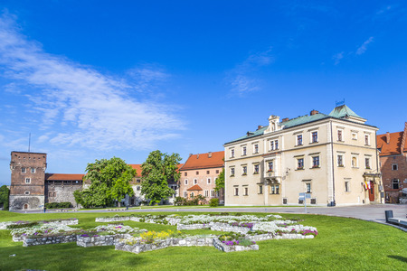 Wawel castle on sunny day with blue sky and white clouds, Krakow, Polandのeditorial素材