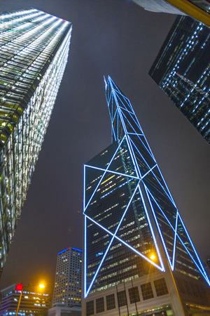 VICTORIA, HONG KONG - JAn 8: facade of illuminated skyscraper by night on Jan 8, 2010 in Victoria,...