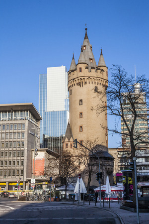 FRANKFURT, GERMANY - OCT 9: Eschersheimer turm on October 9, 2009 in Frankfurt, Germany. The tower was a city gate part of the medieval fortifications of Frankfurt and is a landmark of the city.のeditorial素材