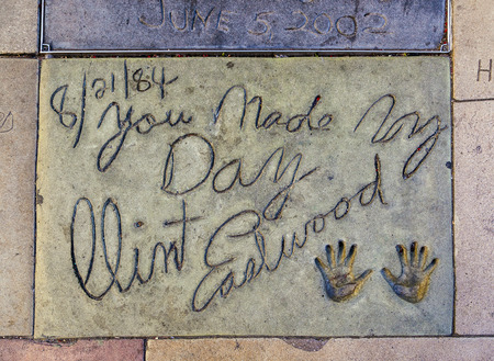 LOS ANGELES - JUNE 26:  Clint Eastwoods handprints in Hollywood Boulevard on June 26,2012 in Los Angeles. There are nearly 200 celebrity handprints in the concrete of Chinese Theatre's forecourt.のeditorial素材