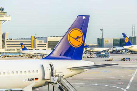 FRANKFURT, GERMANY - MAY 22, 2014: Lufthansa Aircrafts standing at the terminal 1 at Frankfurt airport. Frankfurt is one of the busiest airport in Europe and Number one in Germany.のeditorial素材