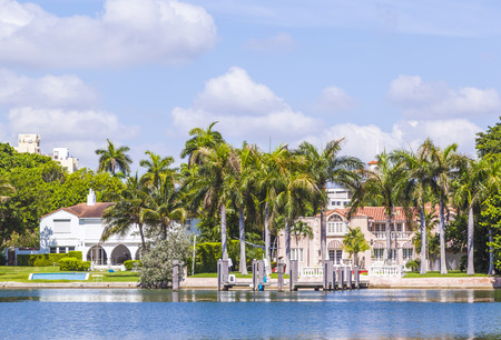 MIAMI BEACH, USA - JULY 31, 2010: luxury houses at the canal in Miami Beach, USA. Pinetree Drive is the premier neighborhood for luxury homes.のeditorial素材