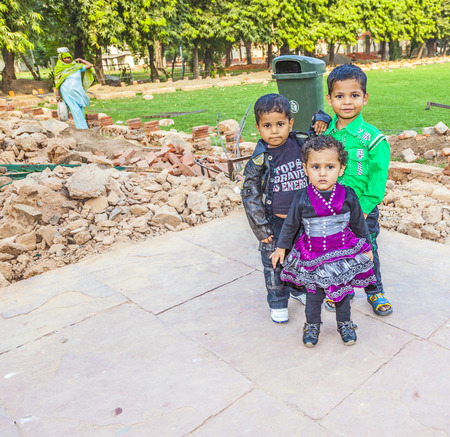 DELHI, INDIA - NOVEMBER 9, 2011: group of indian children smiles and poses  for camera in Delhi, India. Average about 1 child or two children is the norm in most Indian Hindu families. The fertility rate for Indian women is 2.7.のeditorial素材