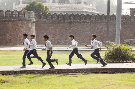 DELHI, INDIA NOV 11, 2011: school class visits Humayuns tomb in Delhi, India. The boys in school uniform have fun posing for a foto. Schools visit the famous landmarks as part of national education.のeditorial素材