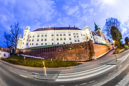 illuminated Wawel Hill by night in Cracow, Polandのeditorial素材