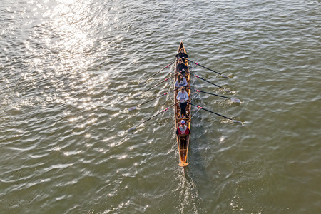 FRANKFURT, GERMANY - MARCH 2, 2013: A  boat team trains at river main in Frankfurt, Germany. They traqin for the Ruderverein Frankfurt, an old sports club from 1869 which has a famous boatshouse in Sachsenhausen at river Main.のeditorial素材