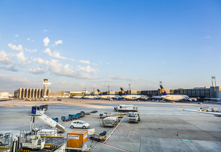 FRANKFURT, GERMANY - JULY 24, 2014: Lufthansa Flight ready to head to runway   in Frankfurt, Germany. Lufthansa is the flag carrier of Germany and the largest airline in Europe.のeditorial素材