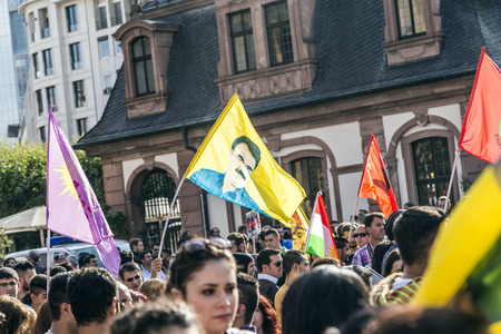 FRANKFURT, GERMANY - AUGUST 9, 2014: people demonstrate against murder and violation of kurdish people and killing by IS soldiers in Frankfurt, Germany.のeditorial素材
