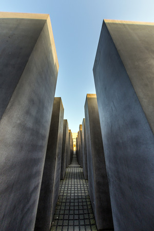 BERLIN, GERMANY - OCT 29, 2014: The Holocaust monument in Berlin, Germany. It consist of 2711 concrete blocks whit different highs and parallel alignment.のeditorial素材
