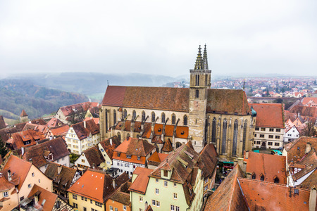 aerial of  Rothenburg ob der Tauber in fogの写真素材