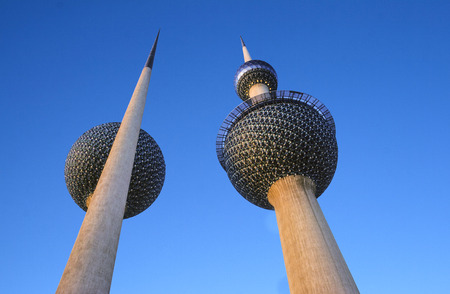 KUWAIT CITY, KUWAIT - JULY 1:  Kuwait Towers were officially inaugurated on February 26, 1977 and are rated as a landmark and symbol of modern Kuwait on July 1, 1983 in Kuwait City, Kuwait.のeditorial素材