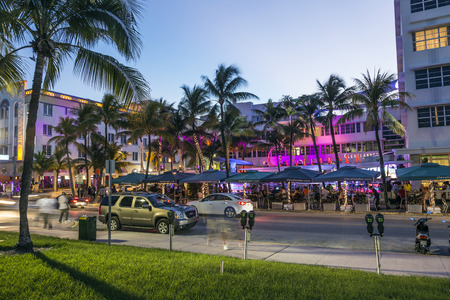 MIAMI, USA - AUG 19, 2014: Night view at Ocean drive  in Miami, USA. Art Deco Night-Life in South Beach at ocean drive is one of the main tourist attractions in Miami.のeditorial素材