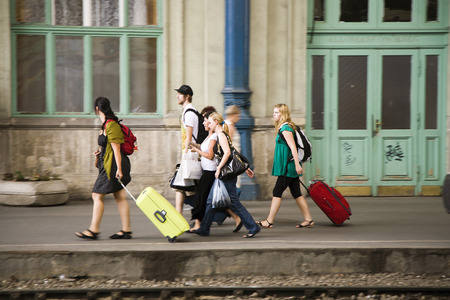 BUDAPEST, HUNGARY - AUG 4, 2008: people waiting at Keleti west train station in Budapest, Hungary. The Western Railway Station in Budapest was built by the Eiffel Company of Paris.のeditorial素材