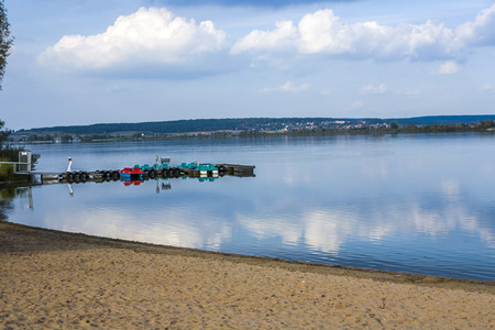 beautiful beach at altmuehl lake in Bavariaの写真素材