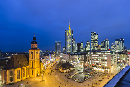 FRANKFURT, GERMANY - JAN 21, 2014: view to skyline of Frankfurt with Hauptwache on in Frankfurt, Germany. The Hauptwache is a central point and one of the most famous plazas in town.のeditorial素材