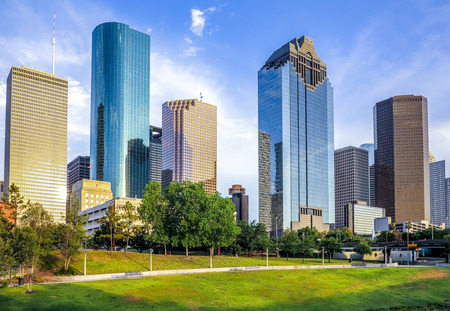 skyline of houston in bright sunsetの写真素材