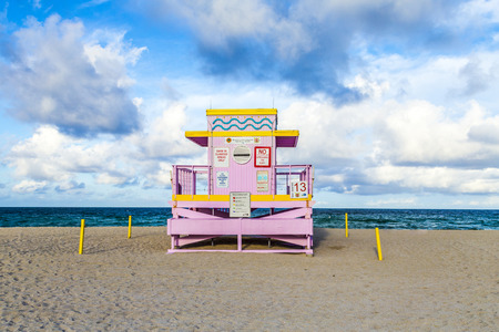 lifeguard tower on South Beach, Miami, Florida at sunsetのeditorial素材