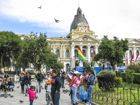 LA PAZ, BOLIVIA - JAN 21, 2015: people at legislative Palace, seat of the government since 1905, on Plaza Murillo in the city of La Paz, Bolivia.のeditorial素材