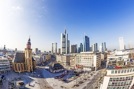 FRANKFURT, GERMANY - FEB 28, 2015: The Katharinen kirche at Hauptwache Pplaza and modern skyscarpes in Frankfurt am Main, Germany.のeditorial素材