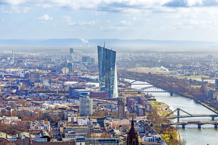 FRANKFURT AM MAIN, GERMANY - MAR 3, 2015: The new seat of the European Central Bank in Frankfurt am Main, Germany. A 185 165-metre-twin-skyscraper located east of the city centre.のeditorial素材