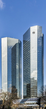 FRANKFURT,GERMANY - MARCH 3, 2015: Deutsche Bank-Greentowers. In 2011 Deutsche Bank Towers were presented with the Best Green Intelligent Buildings Award in Frankfurt,Germany.のeditorial素材